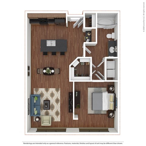 Floor plan for 1 bed, 1 bath, 740 sqft
